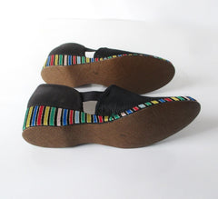 Vintage 30s 40s Black Faille Striped Wedge Slippers Shoes 8 - Bombshell Bettys Vintage