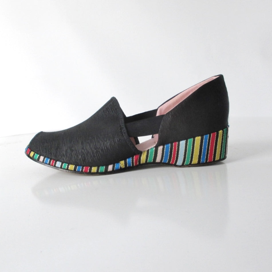 Vintage 30s 40s Black Faille Striped Wedge Slippers Shoes 8 - Bombshell Bettys Vintage