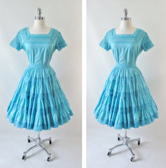 Vintage 50's Aquamarine Desert Flower Patio / Squaw Skirt Blouse Set L - Bombshell Bettys Vintage