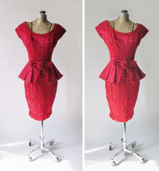Vintage 50's Red Satin Rose Brocade Peplum Sheath Party Dress S - Bombshell Bettys Vintage