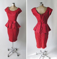 Vintage 50's Red Satin Rose Brocade Peplum Sheath Party Dress S - Bombshell Bettys Vintage