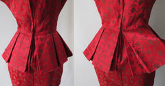 Vintage 50's Red Satin Rose Brocade Peplum Sheath Party Dress S - Bombshell Bettys Vintage