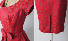 Vintage 50's Red Satin Rose Brocade Peplum Sheath Party Dress S - Bombshell Bettys Vintage