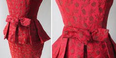 Vintage 50's Red Satin Rose Brocade Peplum Sheath Party Dress S - Bombshell Bettys Vintage