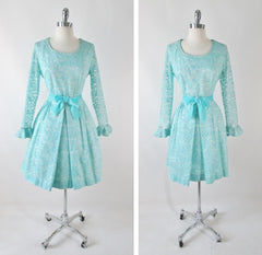Vintage 60's Tiffany Blue Lace Special Occasion Party Dress L - Bombshell Bettys Vintage