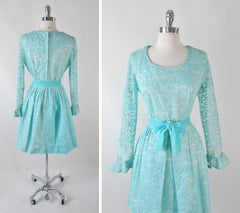 Vintage 60's Tiffany Blue Lace Special Occasion Party Dress L - Bombshell Bettys Vintage