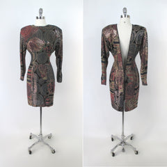Vintage 80s 90s Janine Gold Hand Painted Cocktail Party Dress M