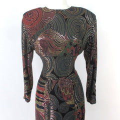 Vintage 80s 90s Janine Gold Hand Painted Cocktail Party Dress M