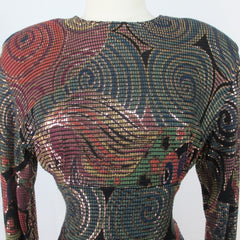 Vintage 80s 90s Janine Gold Hand Painted Cocktail Party Dress M