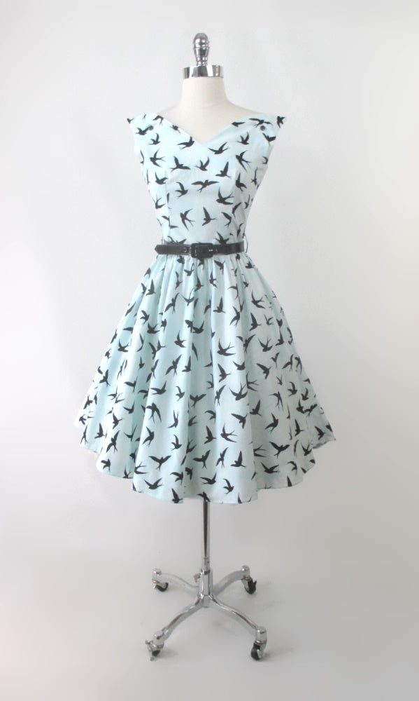 Bernie Dexter Swan Dress Sky Blue Bird Print XS
