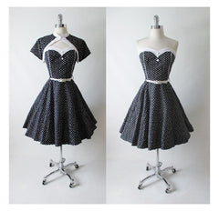 Vintage 50's Look Strapless Black White Polka Dot Full Circle Skirt Dress & Bolero L - Bombshell Bettys Vintage