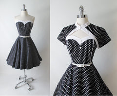 Vintage 50's Look Strapless Black White Polka Dot Full Circle Skirt Dress & Bolero L - Bombshell Bettys Vintage
