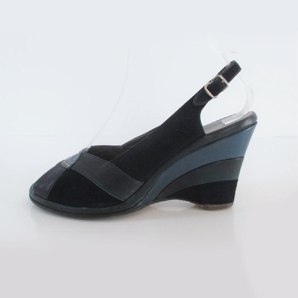 Vintage 50s 40s Navy Blue Ombre Suede Slingback Wedge Heels 7 - Bombshell Bettys Vintage
