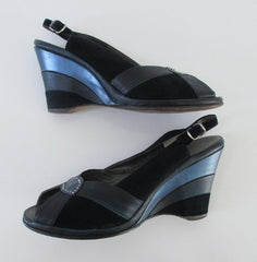 Vintage 50s 40s Navy Blue Ombre Suede Slingback Wedge Heels 7 - Bombshell Bettys Vintage