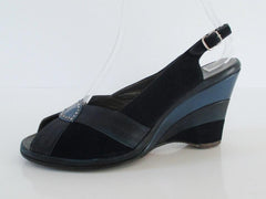 Vintage 50s 40s Navy Blue Ombre Suede Slingback Wedge Heels 7 - Bombshell Bettys Vintage
