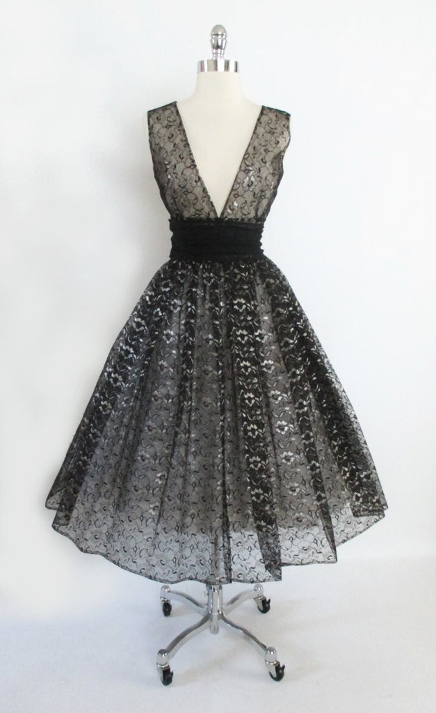 • Vintage 50's Black & Silver Lurex Lace Sheer Full Skirt Party Dress Overskirt S - Bombshell Bettys Vintage