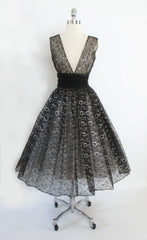 • Vintage 50's Black & Silver Lurex Lace Sheer Full Skirt Party Dress Overskirt S - Bombshell Bettys Vintage