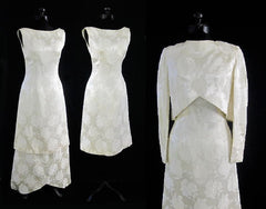 Vintage 60's White Damask Rose Wedding Dress Going Away Convertible Jacket Set S - Bombshell Bettys Vintage