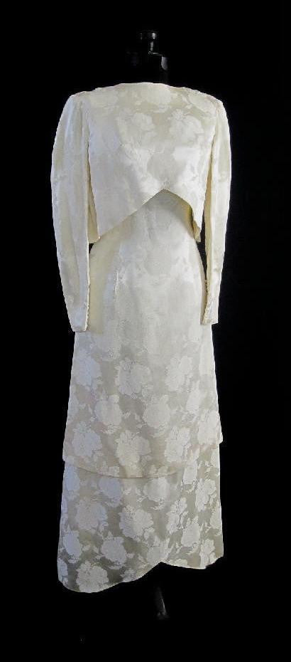 Vintage 60's White Damask Rose Wedding Dress Going Away Convertible Jacket Set S - Bombshell Bettys Vintage