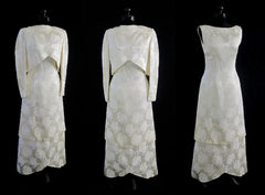 Vintage 60's White Damask Rose Wedding Dress Going Away Convertible Jacket Set S - Bombshell Bettys Vintage