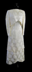 Vintage 60's White Damask Rose Wedding Dress Going Away Convertible Jacket Set S - Bombshell Bettys Vintage