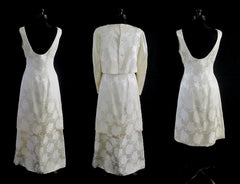 Vintage 60's White Damask Rose Wedding Dress Going Away Convertible Jacket Set S - Bombshell Bettys Vintage