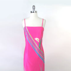 vintage dress 70s 1970s maxi pink blue Hawaiian disco dress bodice