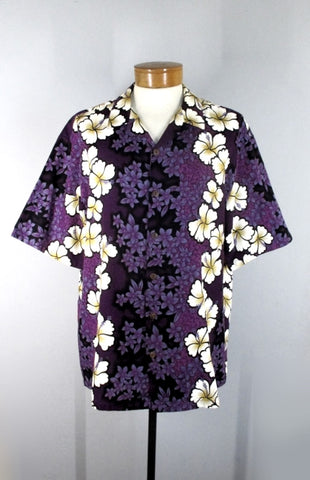 Mens Vintage Hilo Hattie Purple Hibiscus Barkcloth Hawaiian Shirt XXL