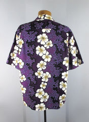 Mens Vintage Hilo Hattie Purple Hibiscus Barkcloth Hawaiian Shirt XL - Bombshell Bettys Vintage