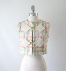 Vintage 60's Pierre Cardin MOD Vinyl Diamond Pastel Tweed Vest S - Bombshell Bettys Vintage
