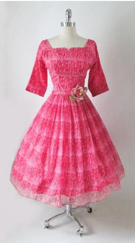 Vintage 50's Sheer Pink Organdy Chiffon Strolling Ladies Novelty Print Party Dress S