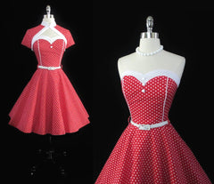 Vintage 50's Look Red Polka Dot Fit & Flare Dress Matching Bolero L / 14 - Bombshell Bettys Vintage