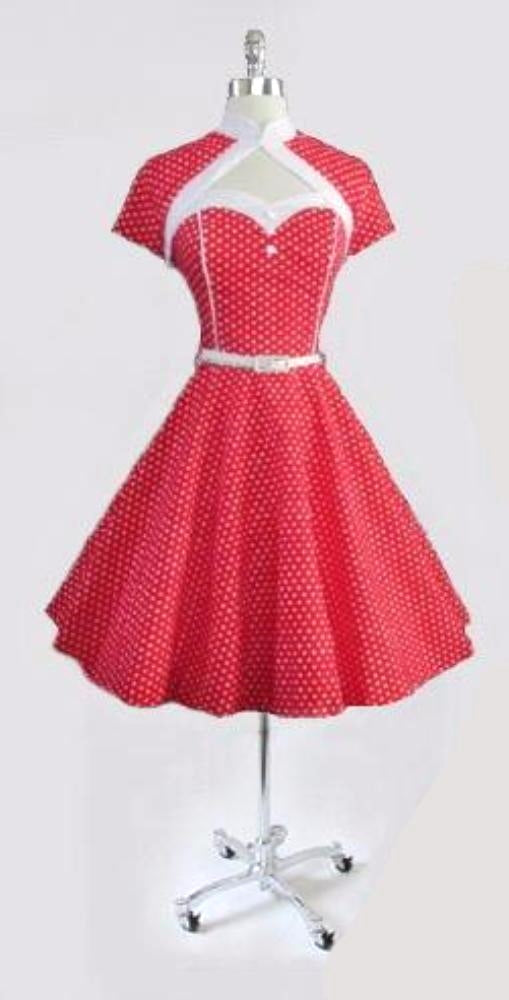 Vintage 50's Look Red Polka Dot Fit & Flare Dress Matching Bolero L / 14 - Bombshell Bettys Vintage