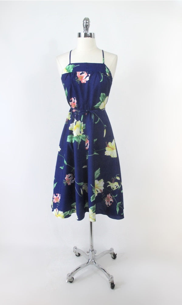 Vintage 70s Lace Up Back Hawaiian Midi Dress XS