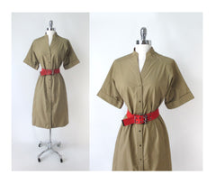 Vintage 80s Jordache Khaki Safari Dress & Matching Belt L
