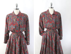 Vintage 80s Red Paisley Side Button Shirtwaist Dress XL / 1X