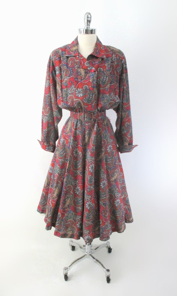 Vintage 80s Red Paisley Side Button Shirtwaist Dress XL / 1X