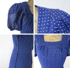 Vintage 30s 40s Sheer Blue Swiss Dot Dress Gown XS