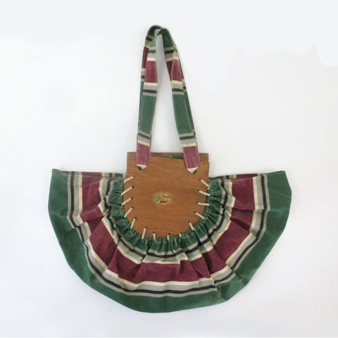 Vintage 40s Falsa Stripe Bonnie Style Canvas & Wood Bag Beach Tote