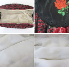 Vintage 40s Red Roses Fabric & Wood Bonnie Style Bag