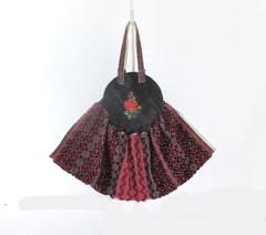 Vintage 40s Red Roses Fabric & Wood Bonnie Style Bag