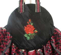 Vintage 40s Red Roses Fabric & Wood Bonnie Style Bag