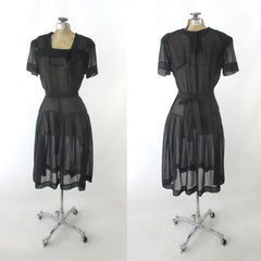 Vintage 40s Sheer Black Day Dress Matching Belt S