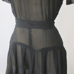 Vintage 40s Sheer Black Day Dress Matching Belt S