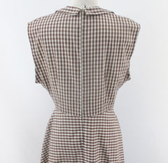 Vintage 50s Brown Gingham Wide Collar Day Dress L