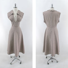 Vintage 50s Brown Gingham Wide Collar Day Dress L