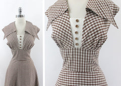 Vintage 50s Brown Gingham Wide Collar Day Dress L