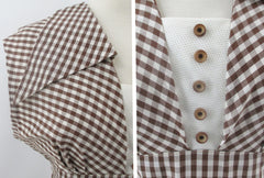 Vintage 50s Brown Gingham Wide Collar Day Dress L
