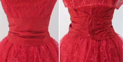vintage 50s red lace full skirt fit flare party dress lace bolero over skirt lace set matching bombshell bettys vintage cummerbund
