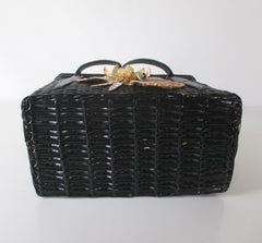 Vintage 60s Large Black Wicker Seashell Basket Box Handbag - Bombshell Bettys Vintage